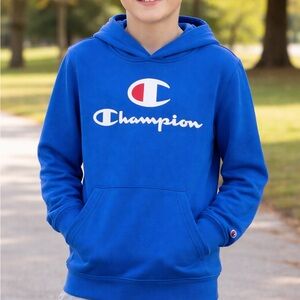 Champion Blue Kids Pullover Hoodie with Logo